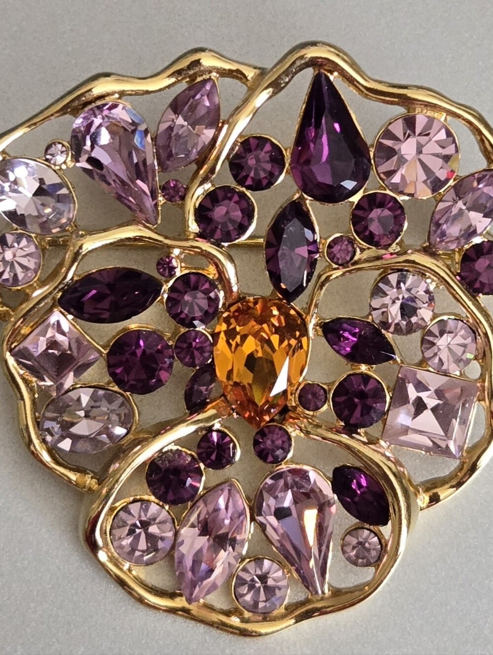 Vintage Nolan Miller Crystal Wild Pansy Goldtone Crystal Brooch Pin